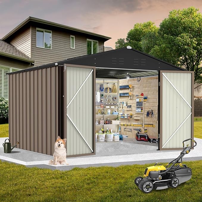 12X10FT Metal Outdoor Storage Shed - Galvanized Steel Waterproof Garden Shed with Lockable Doors & Vents, All-Weather Utility Tool Shed for Lawn Mower, Bike