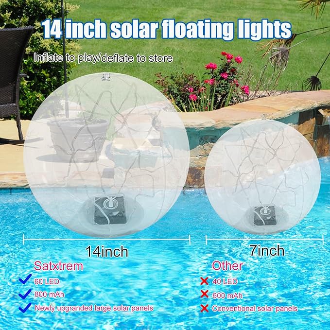 Solar Powered Floating Pool Lights - 14" Inflatable Waterproof Floating Light UP Pool Glow Balls, 3000K Warm-White Led Pool Lights That Float for Party Decorations, Outdoor Patio Detor (8)