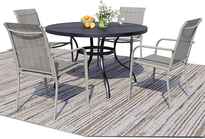5 Pieces Round Dining Table Set for 4, Patio Dining Set Includes 4 Grey Stackable Patio Chairs and 1 Black Mesh Round Table, Patio Furniture Sets with Sling Support for Outside, Garden