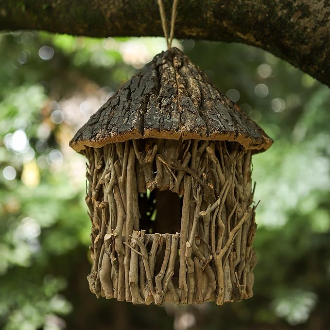 Twig-Covered Cylinder Birdhouse, 2.4" Entry for Medium Birds, Natural Branch Exterior & Waterproof Interior, Woodland Garden Backyard Decor