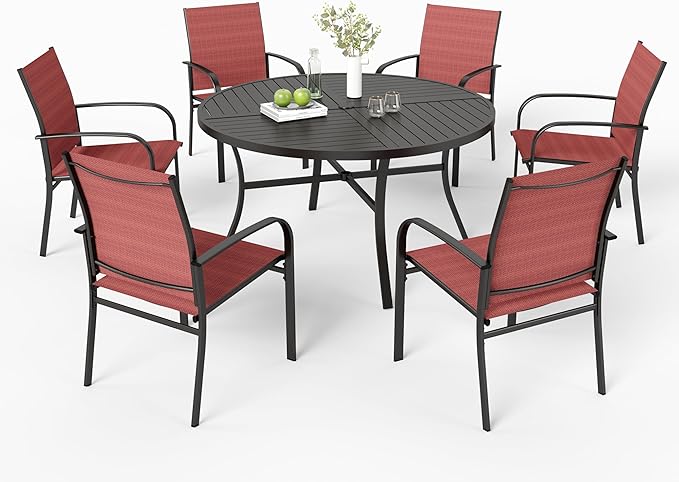 7 Pieces Outdoor Table and Chairs, Patio Dining Set for 6 Includes 54" Round Outdoor Table and 6 Patio Chair Set, Outdoor Dining Furniture Set for Lawn Backyard Deck, Red