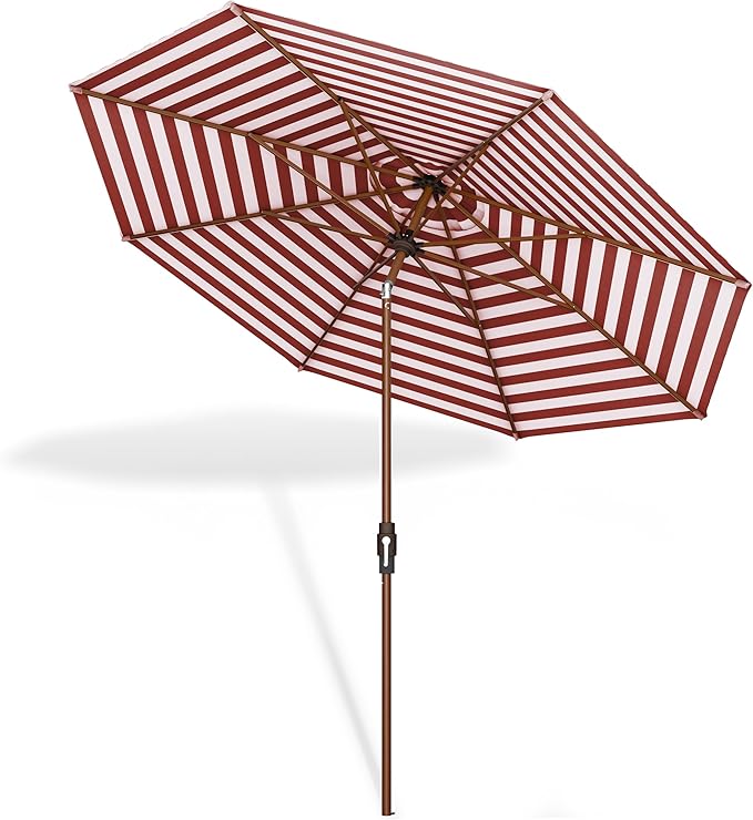 Midtown Umbrellas The Wooden 2-10 Feet Large Patio Umbrella, Terylast Red & White Stripes Fabric, Aluminum Frame For Backyard Umbrella, Deck Umbrella, Garden Umbrella & Pool Umbrella - Wooden Pole