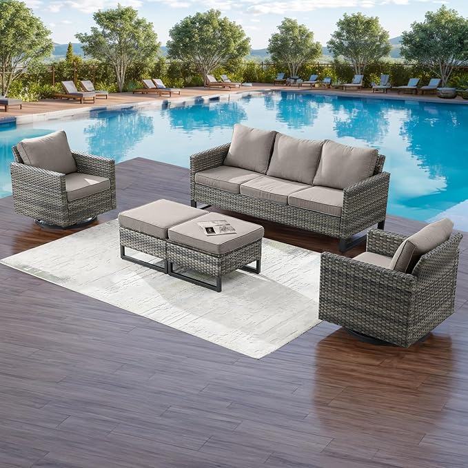 Rilyson Wicker Outdoor Patio Furniture Set - 5 Piece Patio Conversation Set with 2 Swivel Rocker Chairs,2 Rattan Ottoman and 1 Couch for Outside Porch Deck Backyard Garden(Mixed Grey/Grey)