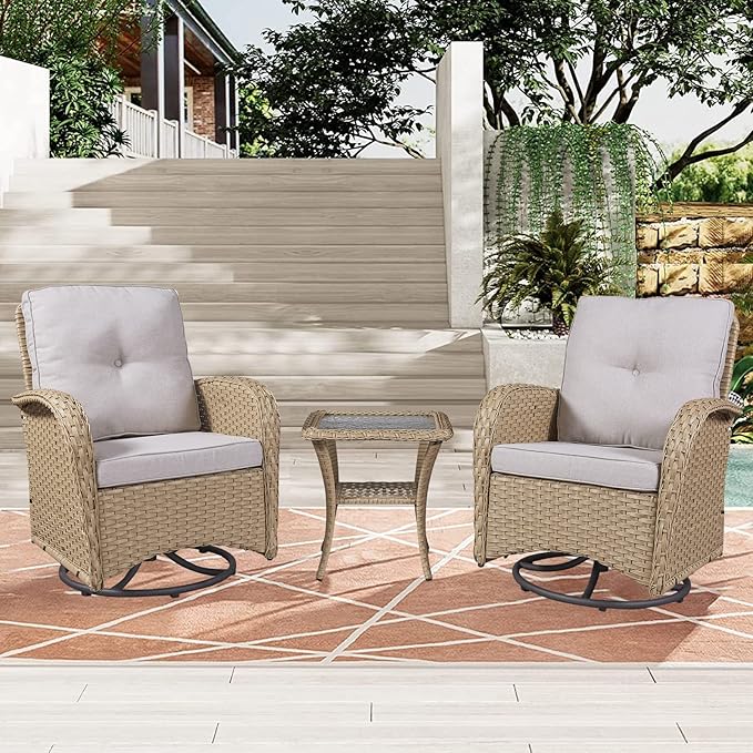HUMMUH Swivel Patio Chair 3 Piece PE Wicker Patio Furniture Set with Rocking Chairs and Side Table Outdoor Bistro Set for Porch,Garden,Deck,Poolside