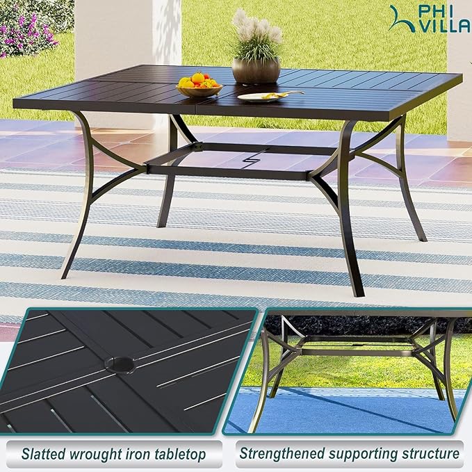 PHI VILLA 9 Pieces Outdoor Dining Table Set for 8, 60” Square Wrought Iron Table & Heavy-Duty Steel Swivel Chairs with Cushions, Large Dining Furniture Set for Patio, Deck, Yard, Porch