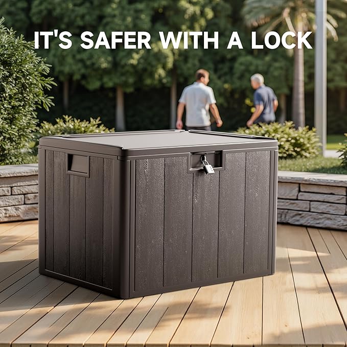 40 Gallon All-Weather Deck Box, Lockable Waterproof Resin Storage with UV Resistance for Patio Furniture, Garden Tools, Pool Accessories (Brown)
