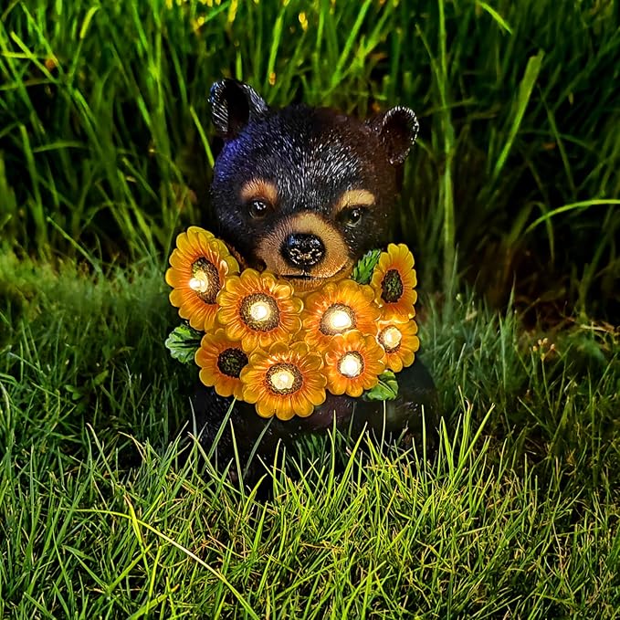 Solar Garden Decor Black Bear Outdoor Statue, Outdoor Patio Sculpture Decor LED Lights Gifts for Mom or Daughter, Garden Statues Birthday Gifts for Women Home and Yard