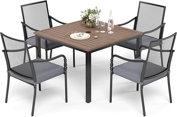 HERA'S HOUSE Metal Patio Table and Chairs Set for 4, Outdoor Dining Set 5 Pieces, 42" Square Faux Wood-Grain Table with Armrest Chairs for Garden Backyard with 1.57" Umbrella Hole