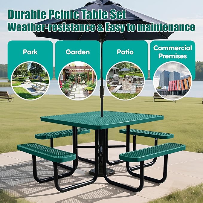 8-Person Picnic Tables for Outdoors, Industrial 46" Expanded Metal Square Picnic Table with 4 Benches & Umbrella Hole, Outside Table and Bench Set for Garden, Backyard, Porch, Patio, Green