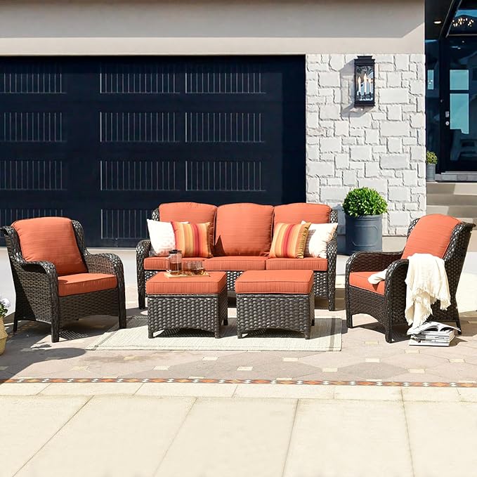 HOOOWOOO Patio Furniture Set,5 Piece Outdoor Furniture Set,Wicker Patio Conversation Couch Chairs Ottoman Set,Orange Red