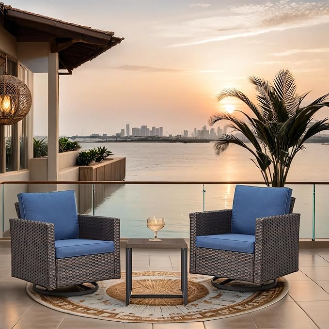 Outdoor Swivel Rocker Patio Chairs : Swivel Patio Chairs Set of 3 Patio Swivel Chairs Patio Swivel Rocker Chair with Wide Wicker Armrests, Brown / Blue