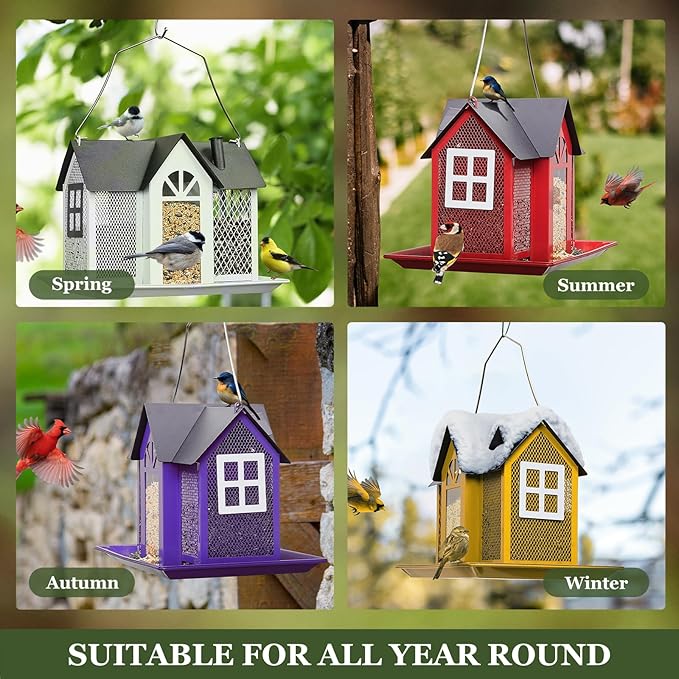 Kingsyard Bird Feeder House for Outside, Metal Mesh Wild Bird Feeder with Triple Feeders for Finch Cardinal Chickadee, Large Capacity, Weatherproof and Durable, Purple