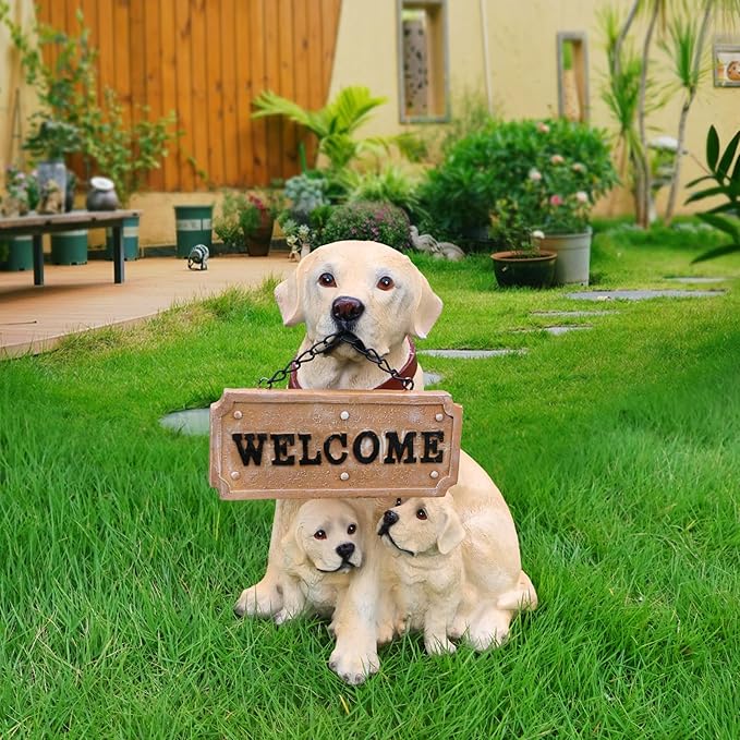 Labrador with Puppies Solar Welcome Statue, Hand-Painted Resin Dog Figurine with Lantern and Dual Wooden-Style Signs, Warm Family Guardian Sculpture for Garden and Porch Décor