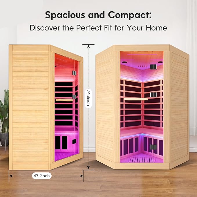 Home Sauna Far Infrared Sauna 7-Colors LED Light Indoor Sauna for 2-3 Person, Dry Sauna Room with Low EMF 2180W,with Canadian Hemlock Wood,with Towel Rack and Cup Holder