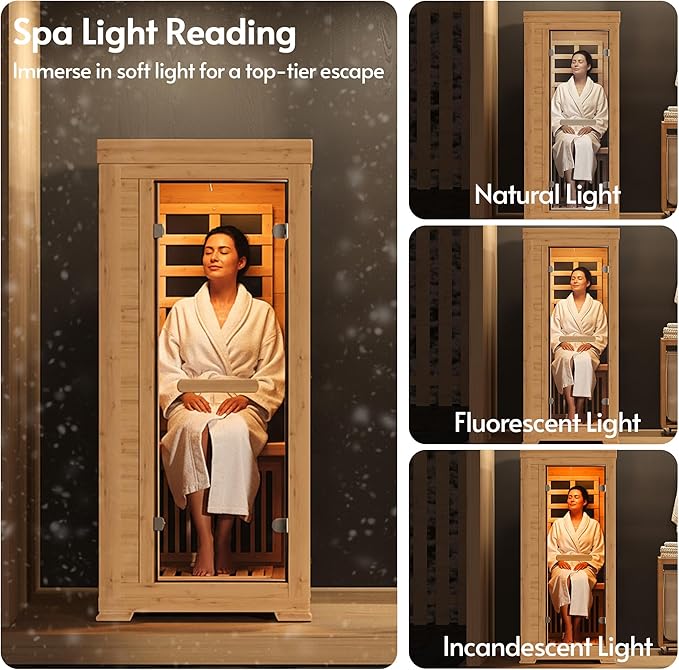 Infrared Sauna at Home 1 Person Mini with 7 Color Therapy, Low EMF 1240W Fast Heating Canadian Hemlock Wood Sauna, Indoor Dry Sauna with Bluetooth Speakers for Home, Gym (2.3Lx2.9Wx5.2H Ft)