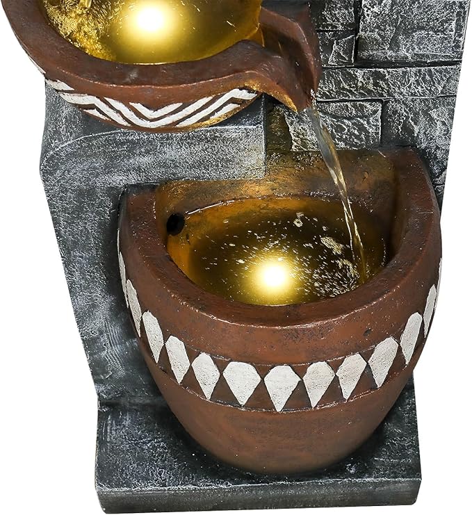 56.6" H 6-Tier Outdoor Water Fountain with LED Lights - Tall Cascading Jars Waterfall Feature with Tribal-Inspired Design for Garden, Patio, Yard, and Home Décor