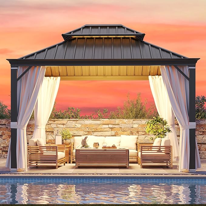 YOLENY 10' x 12' Gazebo, Galvanized Steel Double Roof Hardtop Gazebo with Aluminum Frame, Permanent Outdoor Metal Pavilion with Curtain and Netting for Patio, Lawn and Garden