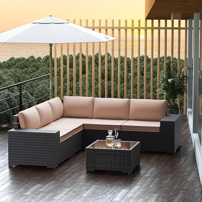 Outdoor Patio Furniture Set, 6 Pieces Outdoor Furniture All Weather Patio Sectional Sofa PE Wicker Modular Conversation Sets with Coffee Table,5 Chairs & Seat Clips Brown