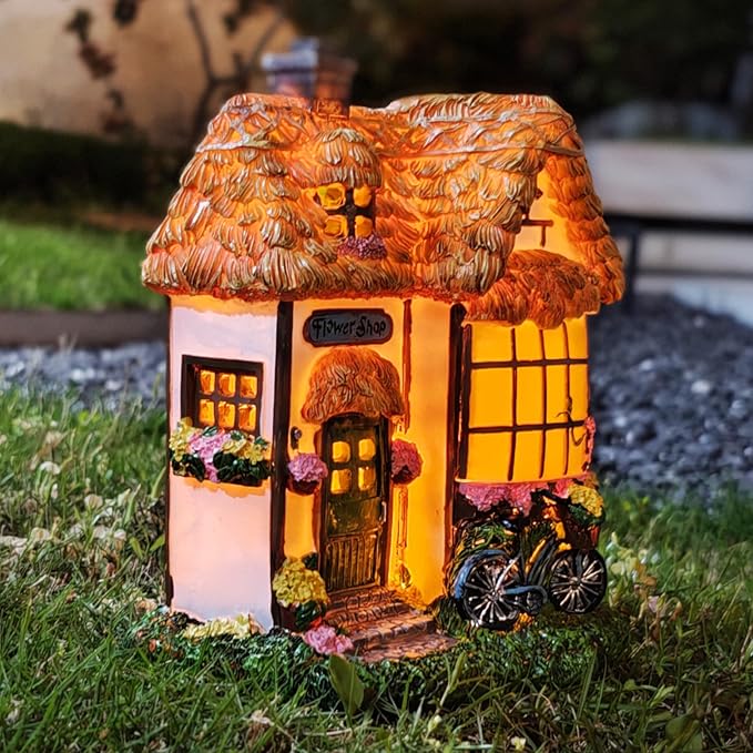 Prospect Thatched Cottage, Solar Statue Lights Mushroom Fairy House, Garden House Statues, Outdoor Memorial Ornaments Waterproof Decoration for Outside Patio Yard Lawn Decor