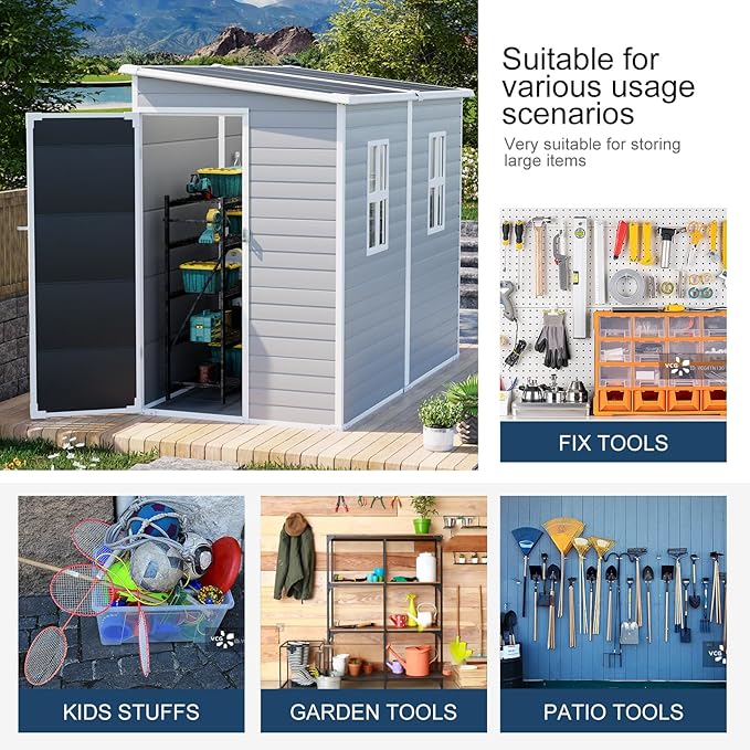 Outdoor Resin Storage Shed with Floor 8x4x6 FT Waterproof Lean to Sheds Kit Included 2 Windows Lockable Door, Plastic Tool Shed for Backyard Garden Patio Lawn