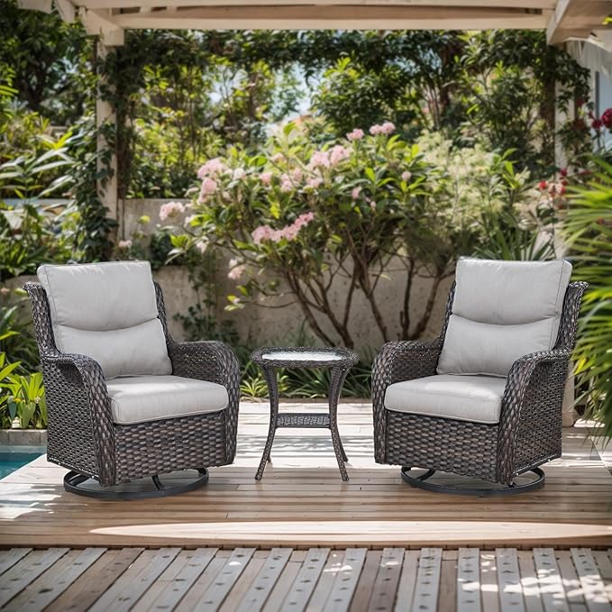 Patio Conversation Set with Smile-Shaped Cushions, Luxury Outdoor Swivel Chairs with Side Table and Ottomans, 5PCS PE Rattan Swivel Glider Chairs Set, Brown Wicker|Beige Cushions