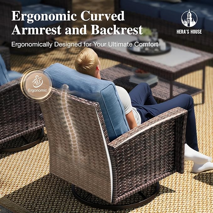 HERA'S HOUSE High Back Patio Furniture Set with Swivel Chairs, All Weather Outdoor Wicker Sofa Set, 6 Pieces Patio Conversation Sets with 5.5" Comfy Cushions for Lawn Deck Backyard, Navy Blue