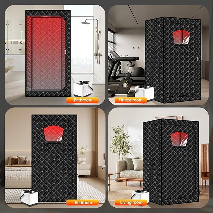Gollense Portable Sauna for Home with 660nm Red Light Therapy Lamp, Full Body Sauna Sweat Tent with 3L 1100W Steamer, Thicken Sauna Box, Folding Chair, Adjustable Temperature, Timer Setting, Black