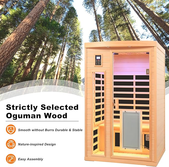 Ceramic Infrared Sauna, 2 Person Infrared Saunas for Home, Hemlock Wood Sauna Room, 2 in 1 Indoor Sauna with Low EMF Heaters 1750W/120V + Ceramic Heating Cubes-Chromotherapy-Bluetooth Speaker