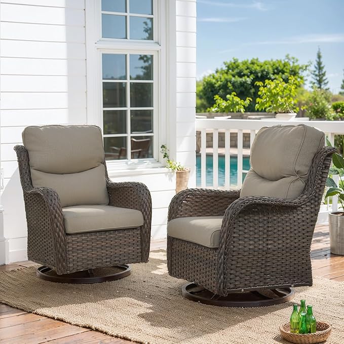 HUMMUH Wicker Patio Furniture High Back Swivel Rocker Patio Chairs Outdoor Bistro Set with Ottomans Side Table for Porch Garden Deck