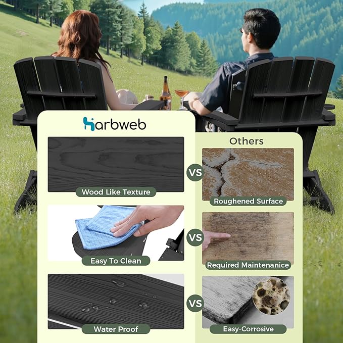 Folding Adirondack Chair with Wood Texture, HDPE All-Weather Fire Pit Chairs, Plastic Adirondack Chairs with 2 Cup Holder, Outdoor Lawn Chair for Patio Garden (Black)