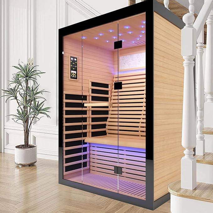 Home Sauna Far Infrared Sauna Dry Sauna for 2 Person,7-Colors LED Light Indoor Sauna Room with Low EMF 2160W,10 Minutes Pre-Warm up,Canadian Hemlock Wood