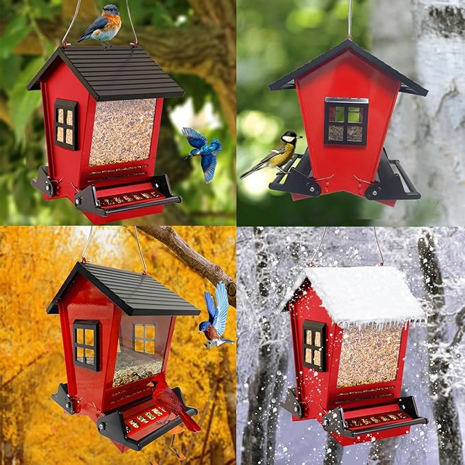 LSCQYYCCSquirrel Proof Bird Feeders for Outdoors Hanging, 5LB Capacity Metal Wild Birdfeeders Outside Hanging,Large Feeder That Attracts Cardinals, Chickadees, and More Birds-One in red 