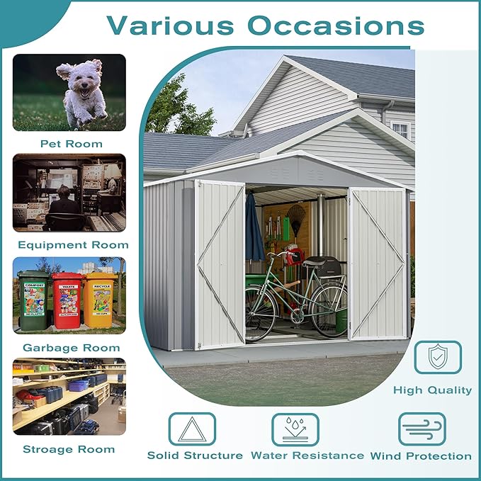 10x12 FT Outdoor Storage Shed with Floor Frame, Heavy Duty Metal Garden Tool Shed with Double Lockable Doors, Waterproof Backyard Utility Shed for Bikes, Lawn Mowers, Tools, Equipment