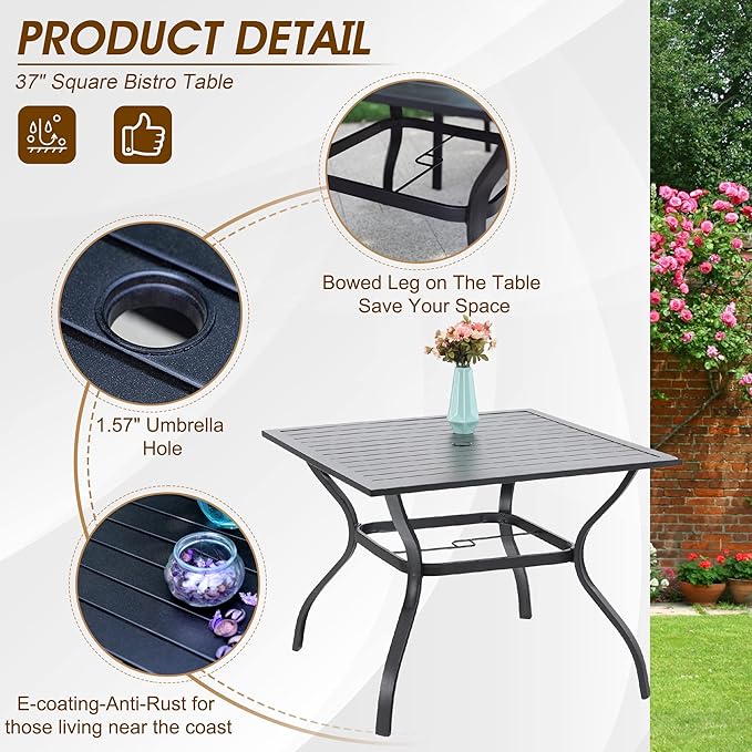 PHI VILLA 5 Piece Outdoor Dining Set with 10ft Umbrella, 37" Square Metal Dining Table & 4 Stacking Metal Chair with 3 Tier Navy Umbrella for Patio, Deck, Yard, Porch