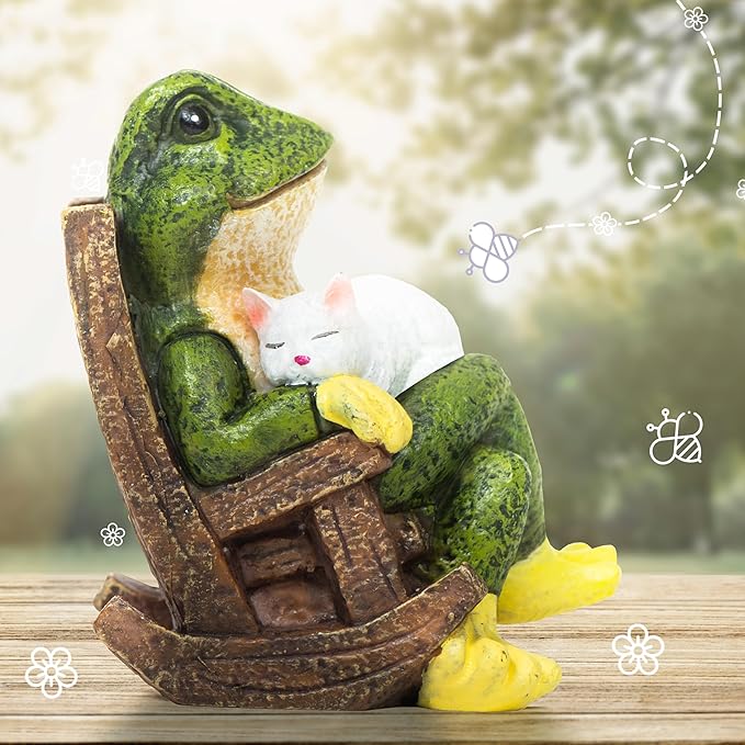 Miniature Frog Garden Statue with Cat Figurine, Frog Gifts, 3.14'' Outdoor Decorations for Yard and Garden