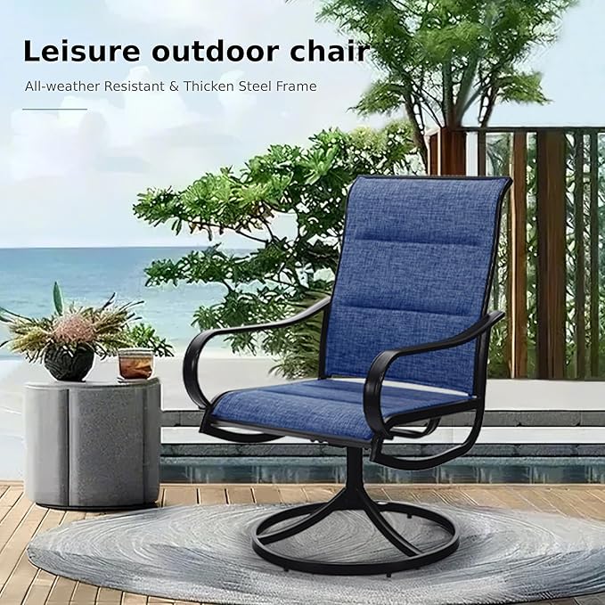 MFSTUDIO Outdoor Swivel Patio Dining Chairs Set of 2, High Back Padded Textilene Patio Chairs for Balcony, Backyad, Deck, Garden (Padded Navy Fabric,Black Frame)