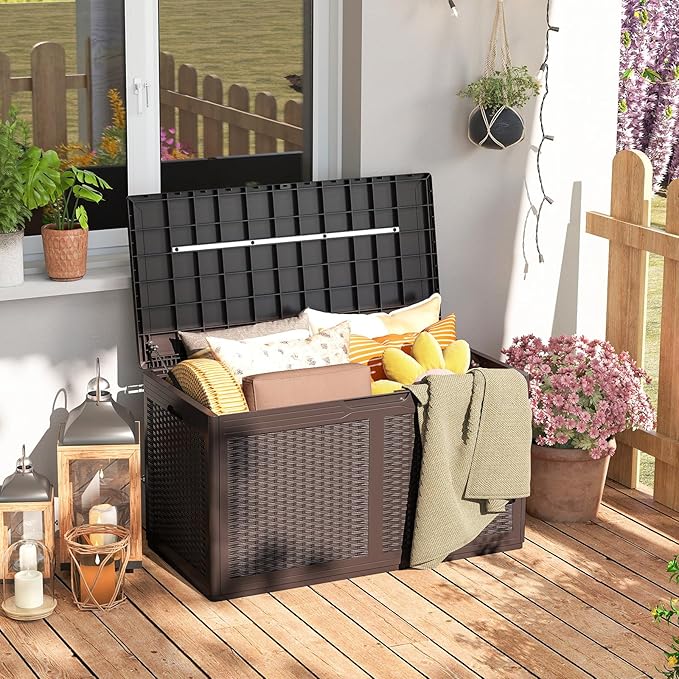 RELAX4LIFE 100-Gallon Resin Deck Box - Waterproof Outdoor Storage Box Container w/Lockable Lid & Wheels, Faux Rattan Porch Bench for Patio Furniture Cushions, Pool Accessories, Garden Tools (Brown)