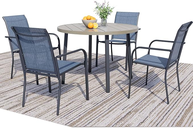 5 Pieces Round Dining Table Set for 4, Patio Dining Set Includes 4 Blue Stackable Patio Chairs and 1 Honey Oak Round Table, Patio Furniture Sets with Sling Support for Outside, Garden
