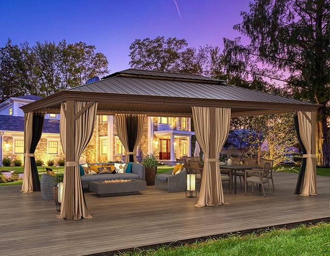 MELLCOM 14'x20' Hardtop Gazebo, Wood Grain Aluminum Frame Pergola with Galvanized Steel Roof, Outdoor Metal Gazebos with Curtains and Nettings for Patio, Backyard, Deck and Lawns