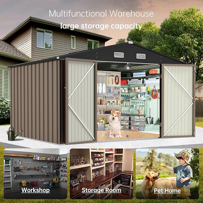 8X10FT Metal Outdoor Storage Shed - Galvanized Steel Waterproof Garden Shed with Lockable Doors & Vents, All-Weather Utility Tool Shed for Lawn Mower, Bike
