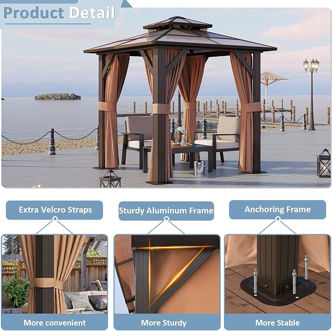 Aoxun 8'x 8' Hardtop Gazebo, Outdoor Polycarbonate Double Top Canopy, Aluminum Frame Gazebo with Netting and Curtains, Sunshade for Gardens, Patios, Lawns, Brown