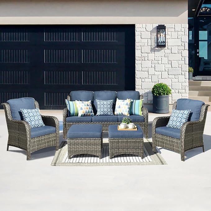 HOOOWOOO Patio Furniture Set,5 Piece Outdoor Furniture Set,Wicker Patio Conversation Couch Chairs Ottoman Set,Denim Blue