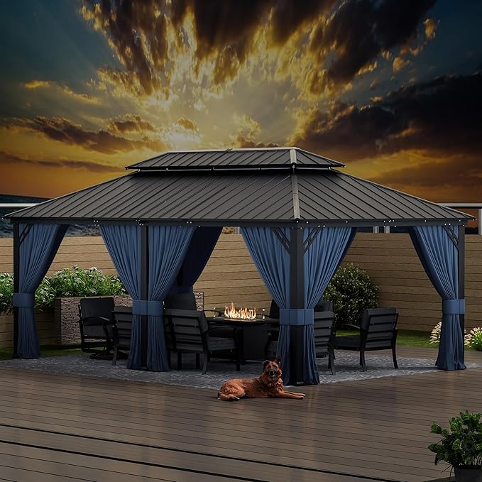 12x20ft Hardtop Gazebo Double Roof, Outdoor Pavilion with 2-Layer Hard top Galvanized Iron Frame Garden Tent, Suitable for courtyards, backyards, Decks, and Grass