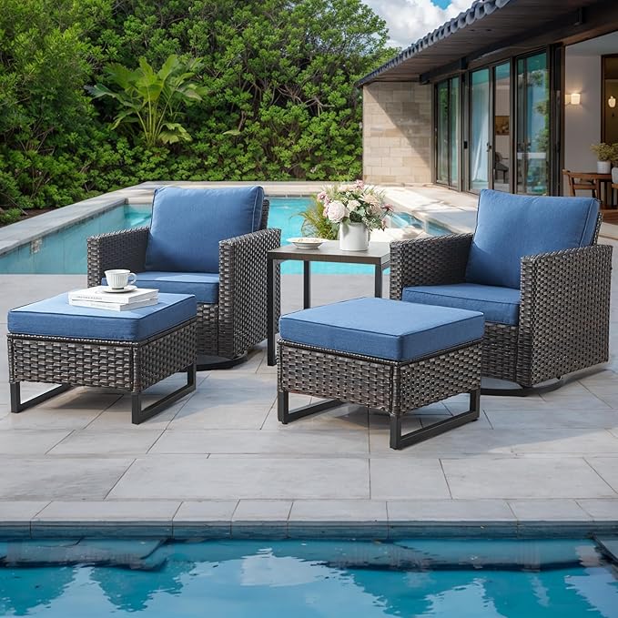 HUMMUH 7 Piece Patio Furniture Set Outdoor Sectional Sofa,High Back Patio Swivel Rocker Chairs with Ottomans Coffee Table for Porch,Garden,Backyard(Brown/Blue)