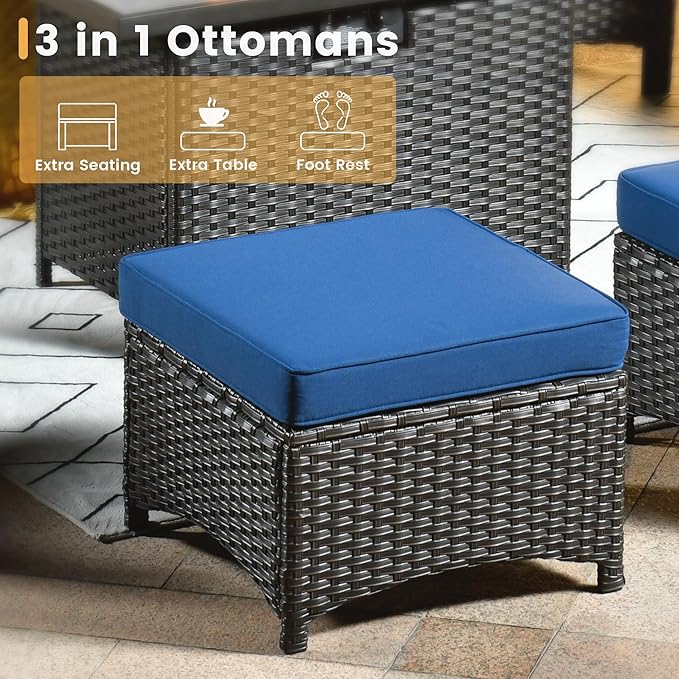 HOOOWOOO Patio Furniture Set,7 Piece Outdoor Furniture Set with Fire Pit Table,Wicker Patio Conversation Couch Swivel Chairs Ottoman Set,Navy Blue