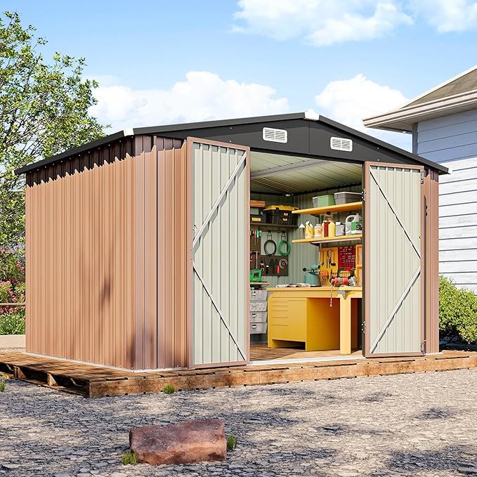 10x8 FT Outdoor Storage Shed, Utility Steel Tool Shed with Lockable Door and Air Vents, Galvanized Metal Shed for Garden Backyard Patio Lawn (10'x8', Brown)