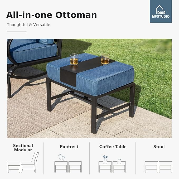 MFSTUDIO 5 Pieces Patio Conversation Sets,Outdoor Metal Furniture Sofas with 1 x 3-Seat Sofa, 2 x Rocking Chairs,2 x Ottoman,Wrought Iron Frame with Peacock Blue Cushion for Patio Courtyard Balcony