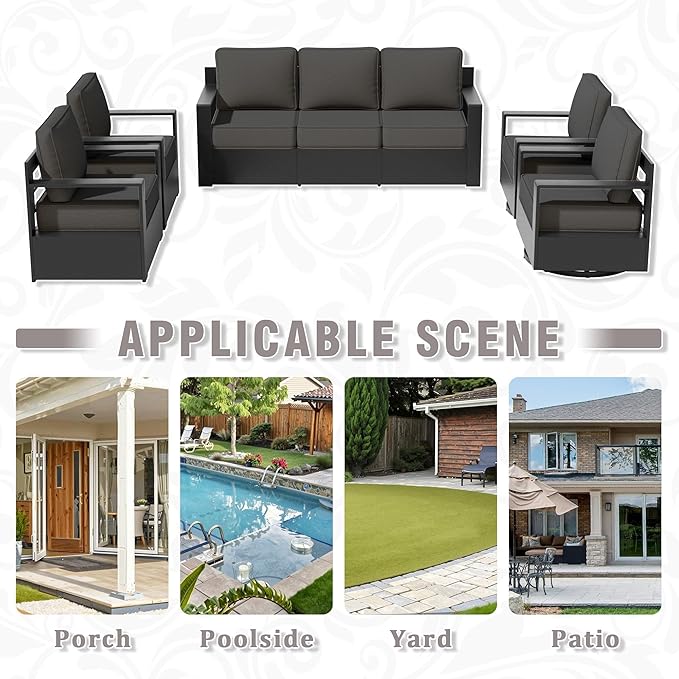 5 PCS Aluminum Patio Conversation Set - 3-Seater Sofa, 2 360° Swivel Chair, 2 Fixed Chair with 6" Thick Water-insistant Cushions, All-Weather Use Removable Cover, Ideal for Garden, Poolside (Grey)