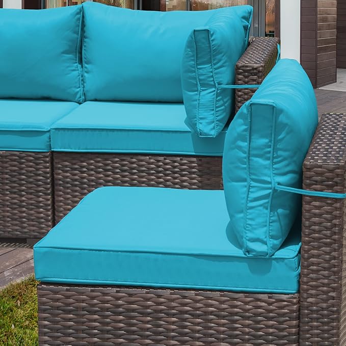 Outdoor Patio Furniture Set, 9 Pieces Outdoor Furniture All Weather Patio Sectional Sofa PE Wicker Modular Conversation Sets with Coffee Table,8 Chairs & Seat Clips(Turquoise Blue)