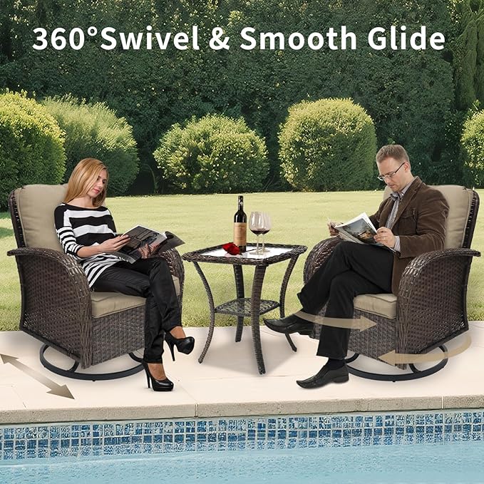 3 Pieces Patio Furniture Set, Outdoor Swivel Rocking Chair Set of 2 with Side Table - 360° Swivel, Thick Cushions, All-Weather Bistro Set for Deck, Porch, Pool(Brown, Brown Full-Weave Rattan)